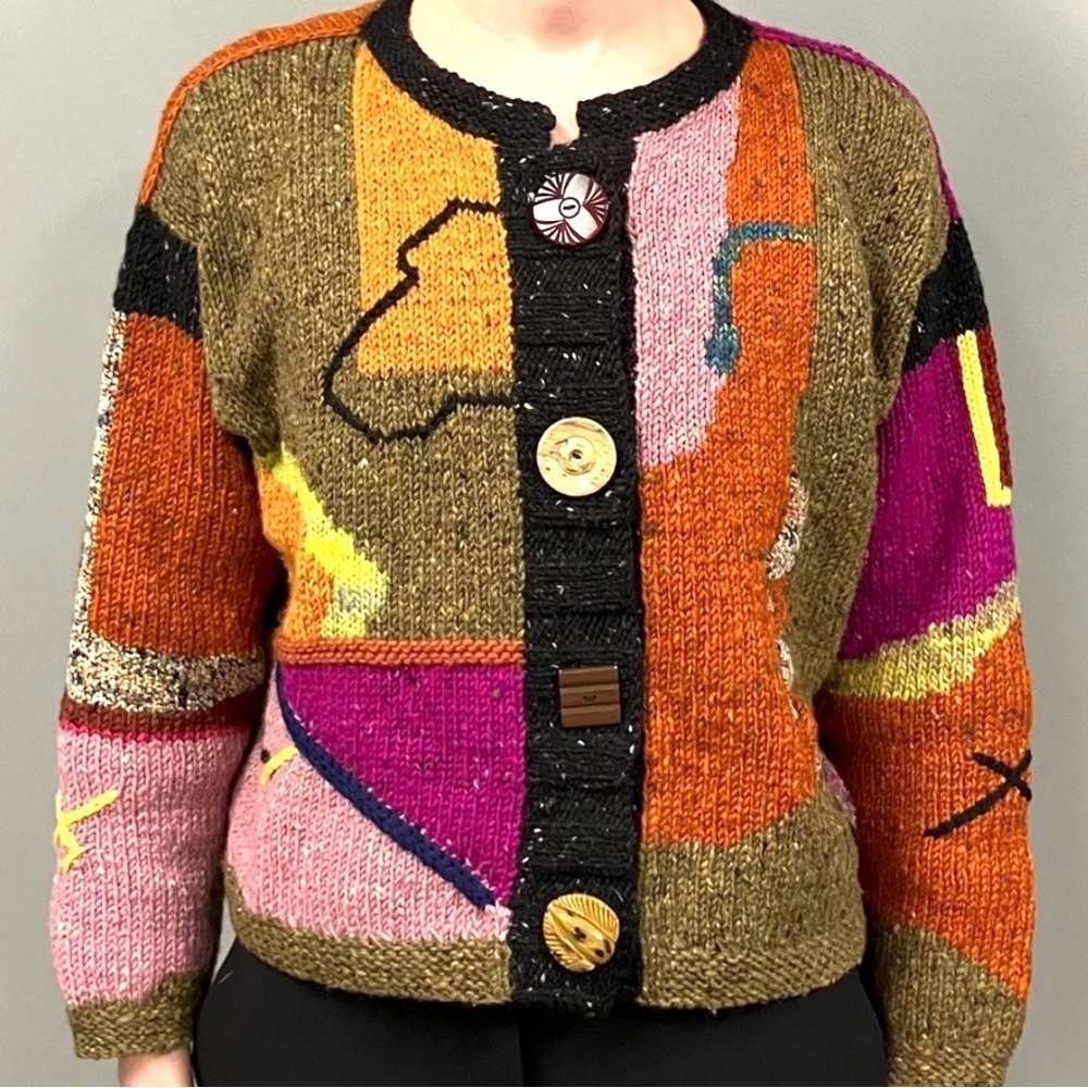 LYNNE McNULTY Hand Knit Artisan Cardigan Sweater,
Art-to-Wear, multi color